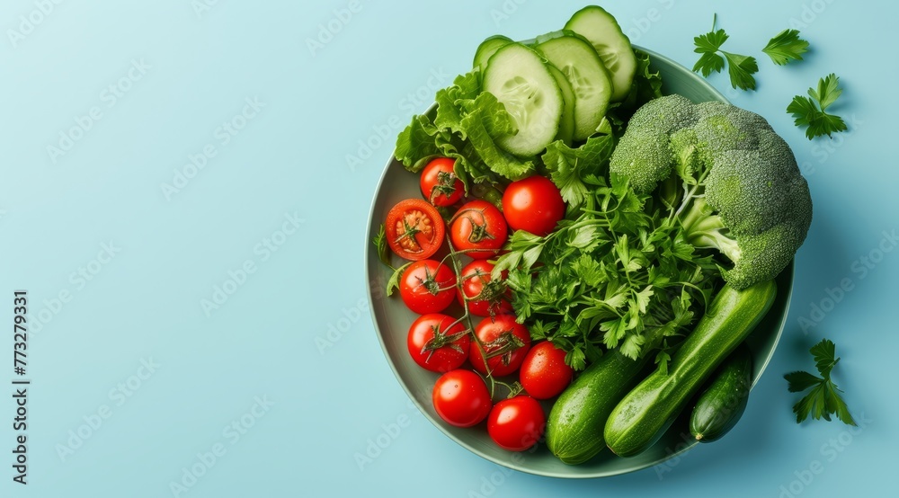   A plate holding cucumbers, tomatoes, and two portions of broccoli