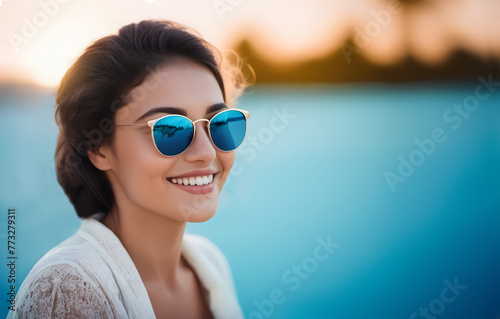 Beautiful smiling young woman at the beach with sunglasses. Close up image with copy space.