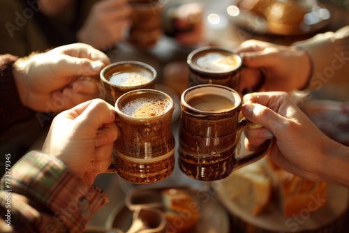 Close-up of friends toasting coffee mugs, clinking them together in a warm moment of connection