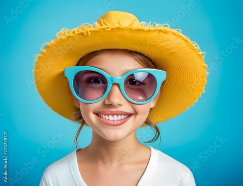 Happy smiling funny young girl with big blue sunglasses and yellow straw hat on blue background. Close up image.