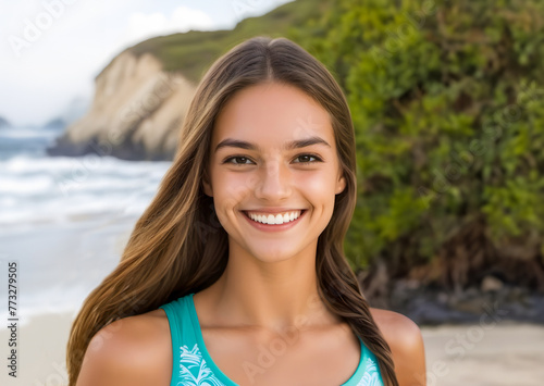 Beautiful smiling young woman at the beach with cliffs in the background. Close up image.