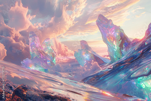 Soft pastel light illuminating holographic 3D structures, crafting an abstract landscape filled with color and wonder.