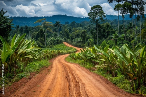 A dirt road meanders through dense jungle foliage, surrounded by vibrant greenery and new plant growth