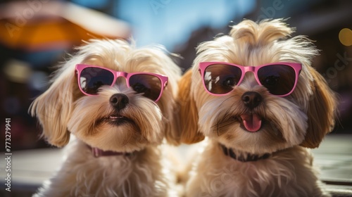 Two playful dogs in sunglasses, symbolizing relaxation and fun moments, expressing humor and joy