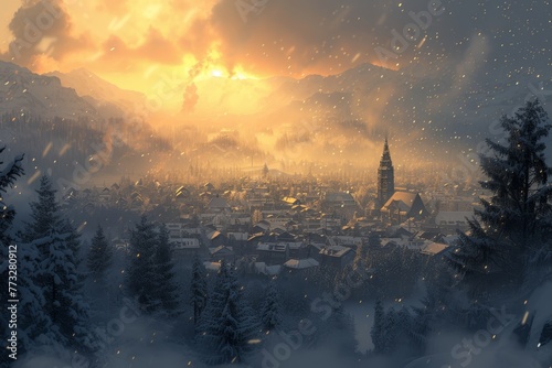  Winter scene - Town in distance, mountain with snow-covered background