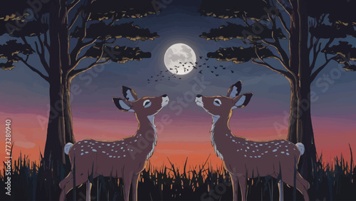 Fototapeta Naklejka Na Ścianę i Meble -  Enchanted Twilight: Two Deer in Reverence of Nature's Splendor