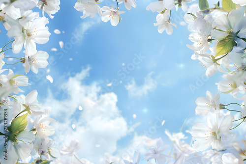 Frame with blooming cherry blossoms on blue sky background. Spring Hanami Japan festival banner concept. Close up blooming sakura in spring season. Hana Matsuri nature flowers festival with copy space