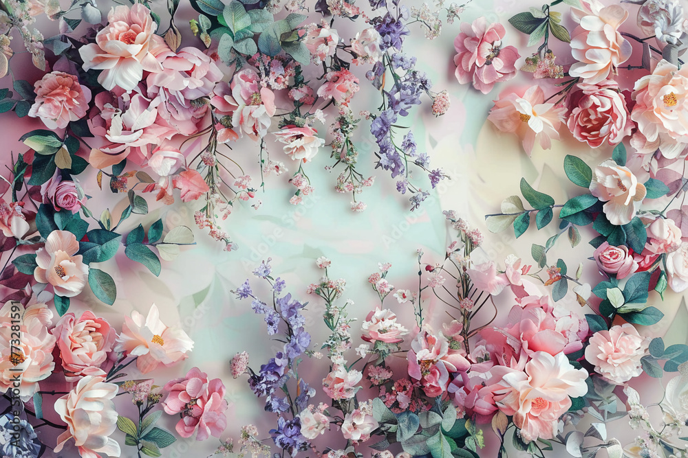 The delicate dance of florals and botanicals, artistically captured in designs brimming with soft tones and pastel elegance. - obrazy, fototapety, plakaty 