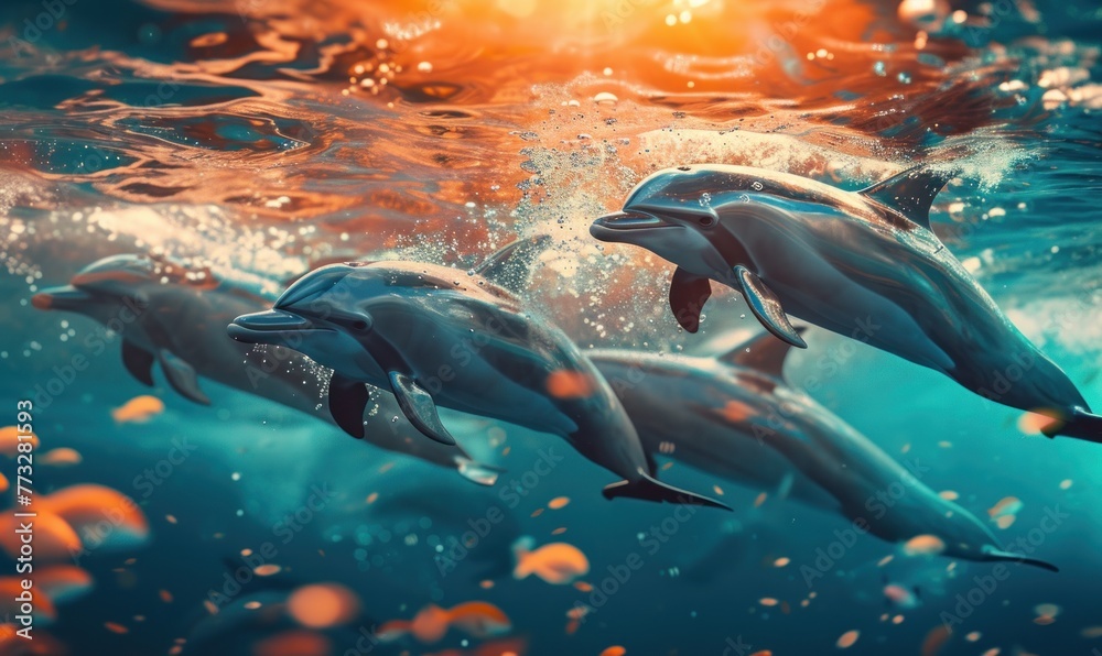 Fototapeta premium Dolphins swimm together in underwater world