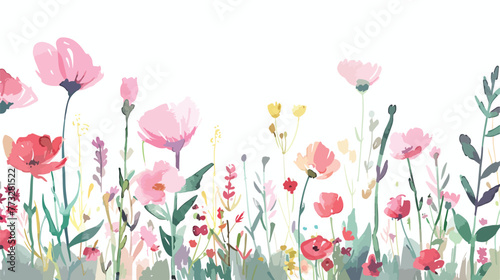 Watercolor postcard with wild flowers pink plants. Wa #773281522