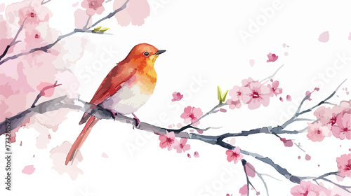 Watercolor sakura branch and bird on light background