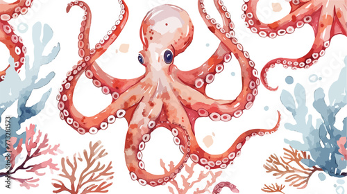 Watercolor seamless pattern with octopus on coral ree photo