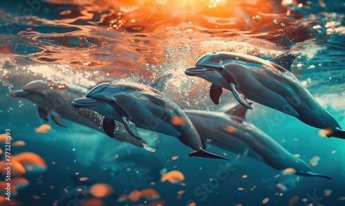 Dolphins swimm together in underwater world