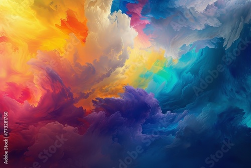  A multicolored cloud teeming with white, blue, red, yellow, and pink elements in the sky