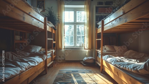 Sunny hostel room with polished wooden bunk beds and a cozy single bed by a window