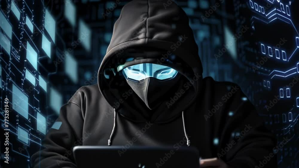 Faceless hacker in a hoodie is typing on a laptop. Cyber security hacking concept. Animation with zoom effect. High quality 4k footage