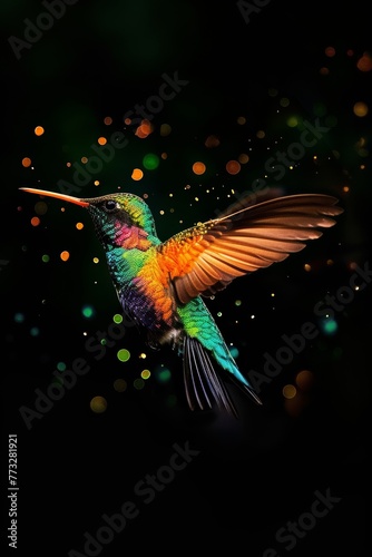   A vibrant bird flies against a backdrop of a dark  black expanse  its feathers contrasting with blurred trail lights attached to its body