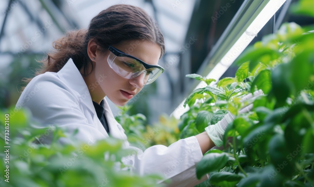 Woman analysis of green ecology plantation. Agriculture scientist researching in greenhouse. banner Woman analysis of green ecology plantation. Agriculture scientist researching in greenhouse. banner