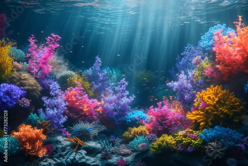  vibrant coral reef with sunlight filtering through water, corals flourishing at seabed © Mikus