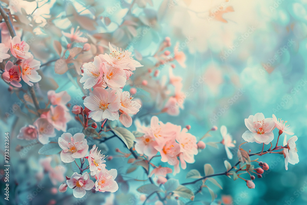 Tranquil floral scenery, with blossoms and plants artistically arranged in pastel hues, reflecting nature's calm beauty.