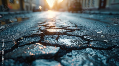 Sunset Reflections on Cracked Street, golden hour sun reflects on a cracked urban street, symbolizing decay and the need for infrastructure renewal
