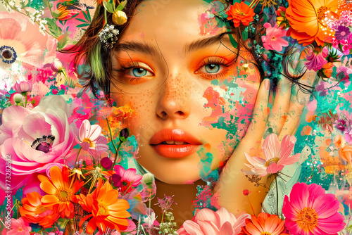 A digital art collage portrait of young woman with vibrant floral patterns.Natural beauty and abstract artistry.
