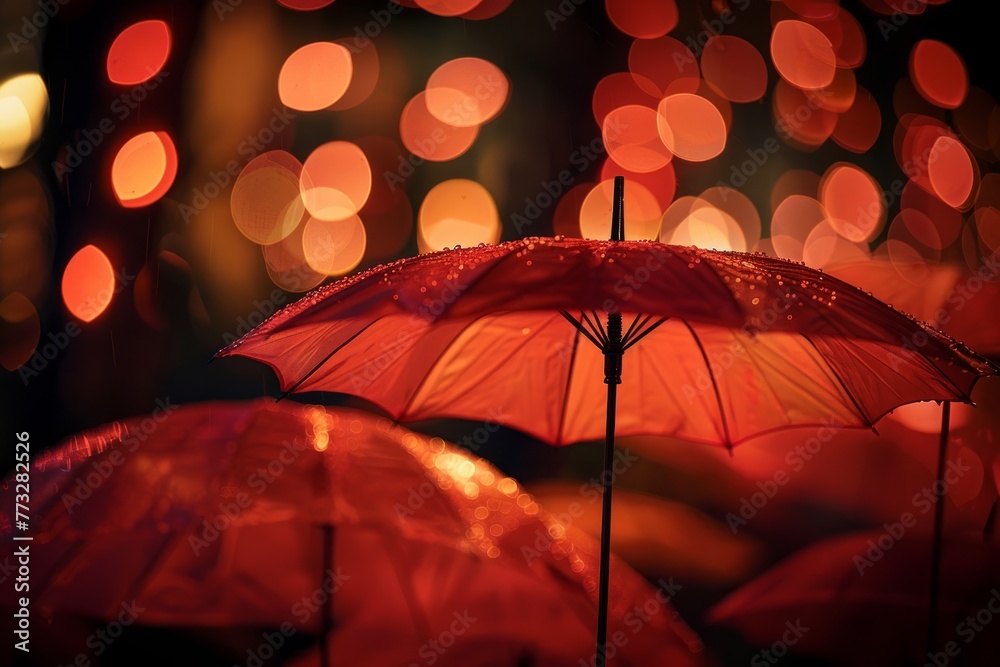 Two umbrellas are illuminated in the darkness, one with a distinctive design and color, creating a contrast against the dim background