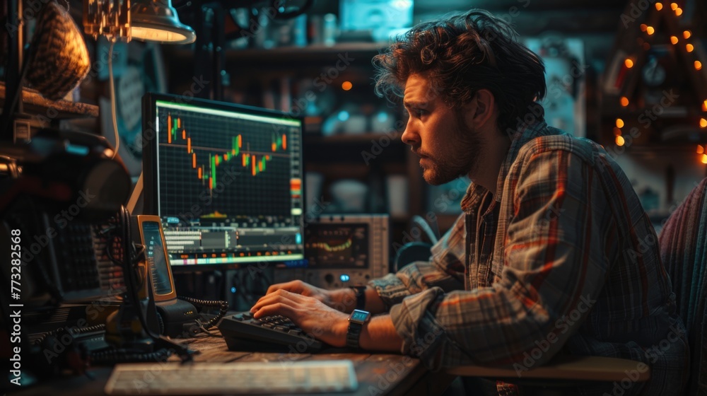 Concentrated Trader Analyzing Stock Charts, focused male trader analyzes complex stock charts on his computer, deeply engrossed in the dynamic world of finance and market trends