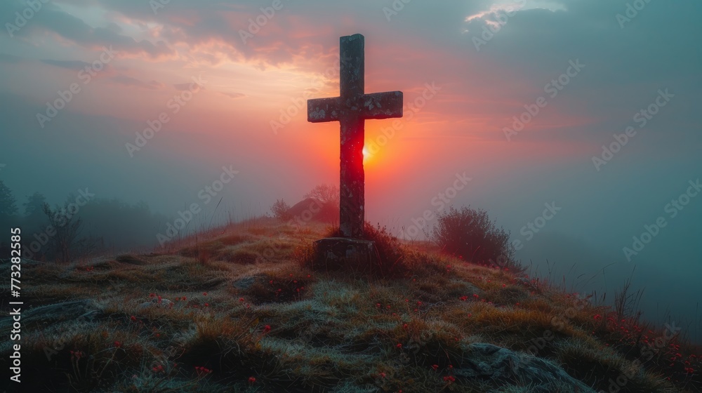   A cross atop a hill against a sunset backdrop with fog shrouding the air