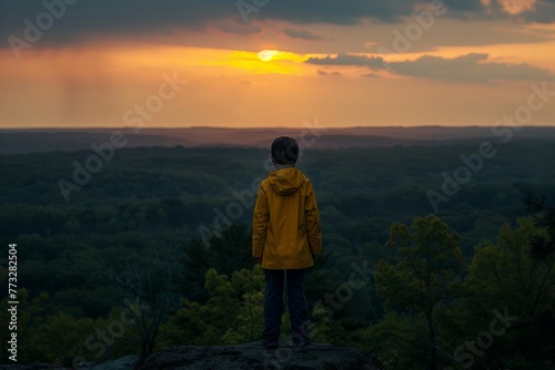 A silhouette of a person standing on a hill, gazing at the sunset with the horizon in view