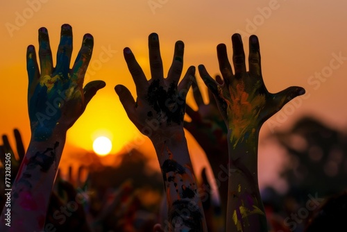 A group of individuals raising their hands in the air against the setting sun, silhouetted and covered in paint during The anLY event