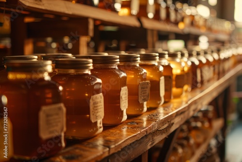 A shelf filled with numerous jars of honey  lined up neatly with warm lighting in a commercial photography setting