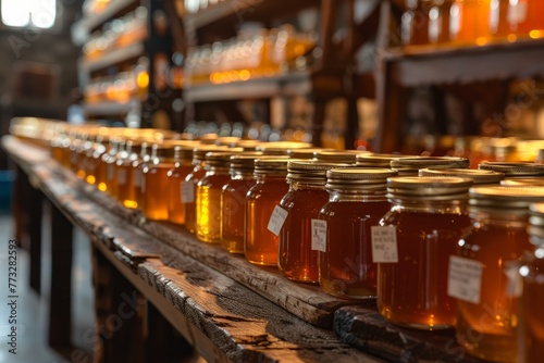 Multiple jars filled with honey neatly arranged on a rustic table under warm lighting