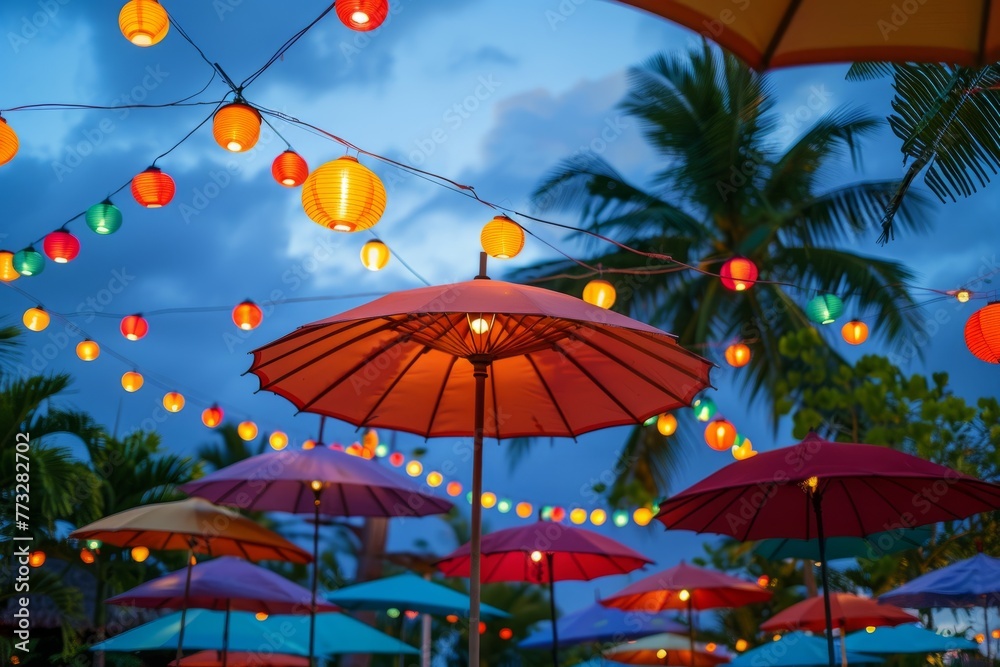 Multiple umbrellas suspended in the air under the soft glow of twilight, creating a surreal scene