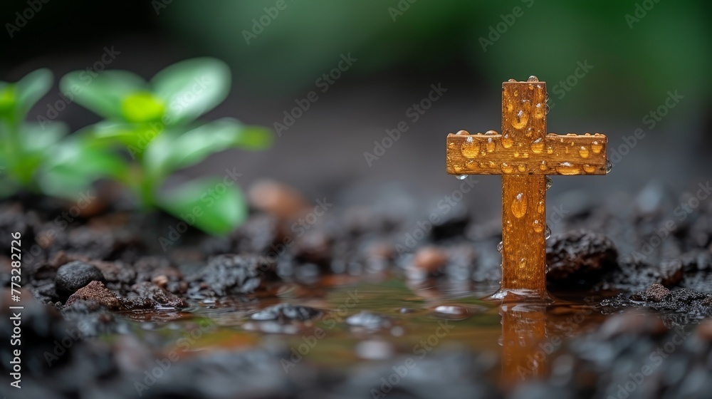A tiny wooden cross sits atop a water puddle, near a leafy green plant A tiny wooden cross sits atop a water puddle, near a leafy green plant