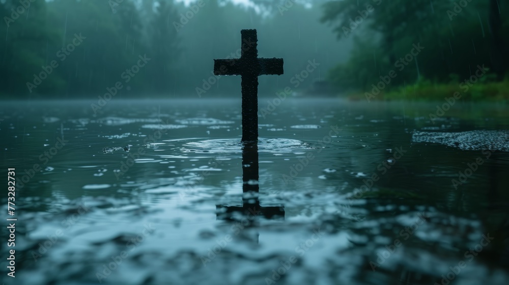 Naklejka premium A cross submerged in a forested waterspace on a fog-enshrouded day