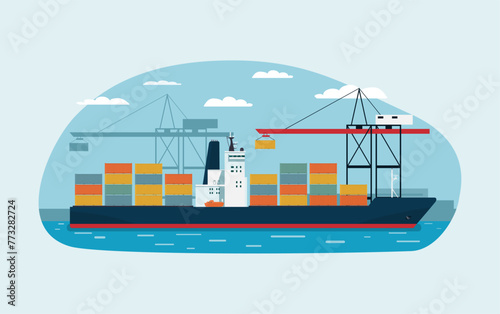 Container carrier ship against the background of a container terminal. Vector illustration.