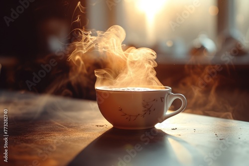   A wooden table holds a steaming coffee cup, emitting steam from its rim