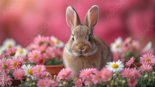  A rabbit sits in the midst of a bed of daisies Foreground holds pink and white daisy flowers Background presents additional pink and white daisies