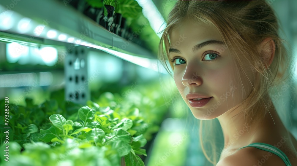 Hydroponic Farming: Young Woman with Plants, Close-up of a young woman in a hydroponic farm, her gaze focused on vibrant green plants, showcasing modern urban agriculture Hydroponic Farming: Young Woman with Plants, Close-up of a young woman in a hydroponic farm, her gaze focused on vibrant green plants, showcasing modern urban agriculture