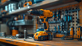 Electric drill beside screws with a backdrop of industrial shelves