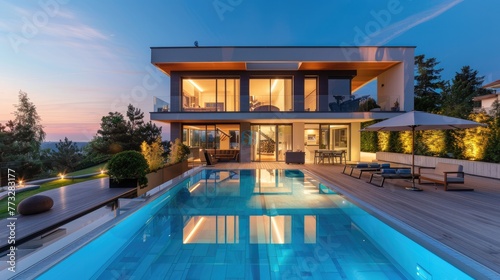 Modern luxury villa with swimming pool, Vacation home, Real estate concept. © Oulaphone