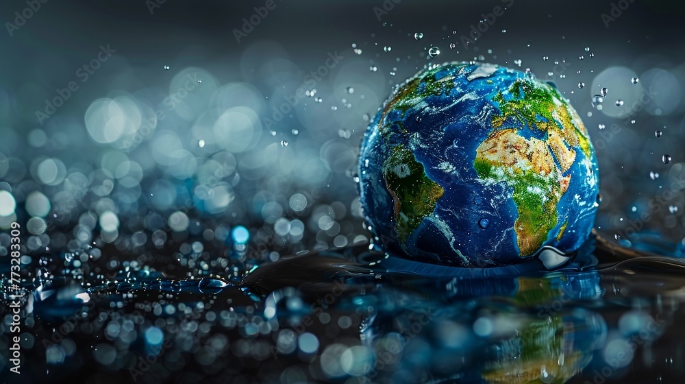 Globe with continents formed by water droplets, emphasizing worldwide water resource unity Globe with continents formed by water droplets, emphasizing worldwide water resource unity