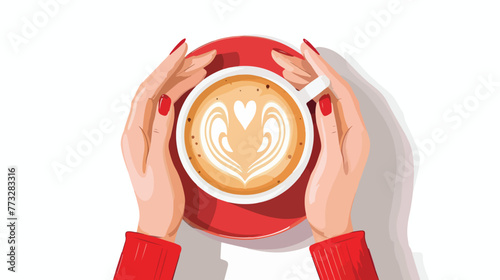 Woman hands holding cup with coffee cappuccino latte