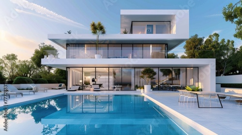Modern luxury villa with swimming pool, Vacation home, Real estate concept. © Oulaphone