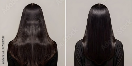 Before and after photo of hair transformation after receiving keratin treatment at a salon. Concept Hair Transformation, Keratin Treatment, Before and After, Salon Experience, Gorgeous Hairstyle