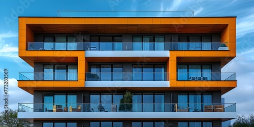 Modern Apartment Building Exterior Against a Blue Sky: A Close-Up View. Concept Architecture, Urban Landscape, Blue Sky, Modern Design, Close-Up View © Ян Заболотний