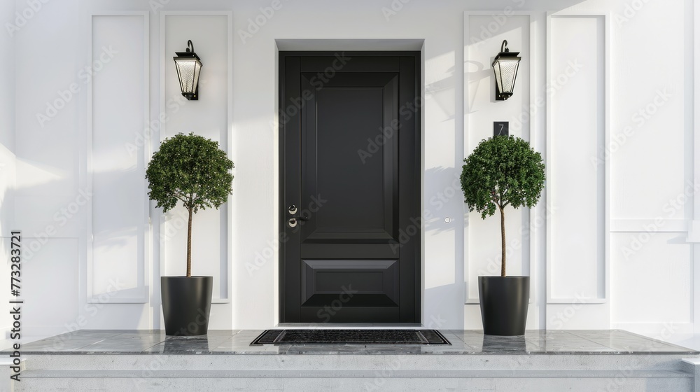 Stylish front door of modern house with white walls, door mat, trees in pots and lamps. Real estate concept. Stylish front door of modern house with white walls, door mat, trees in pots and lamps. Real estate concept.