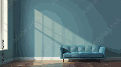 Wooden empty room interior with a dark blue sofa stan photo