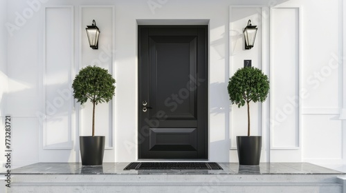 Stylish front door of modern house with white walls  door mat  trees in pots and lamps. Real estate concept.